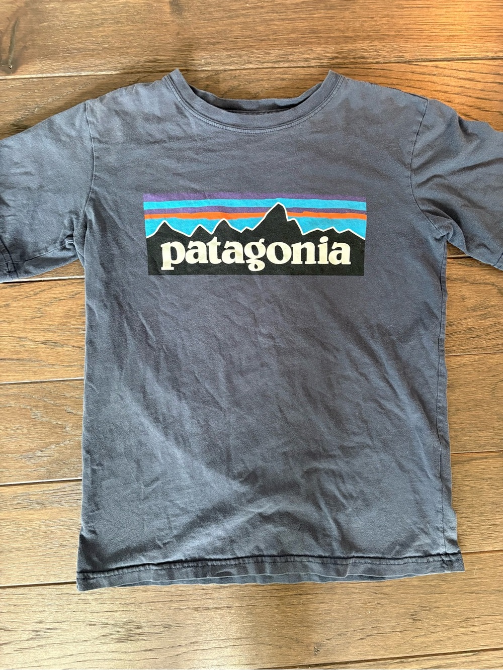 Patagonia Kids Navy Graphic Logo Tee with Multicolor Stripe